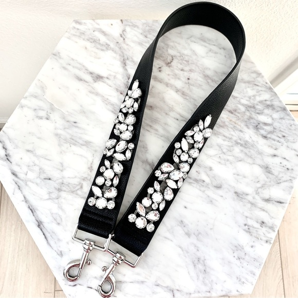 Black Leatherette Jeweled Crystal Embellished Wide Bag Strap Guitar-Style - Picture 1 of 5